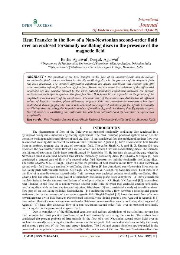 (PDF) Heat Transfer in the flow of a Non-Newtonian second-order fluid ...