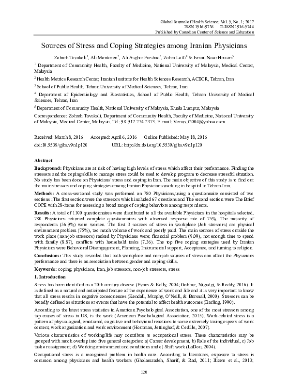 (PDF) Sources of Stress and Coping Strategies among Iranian Physicians