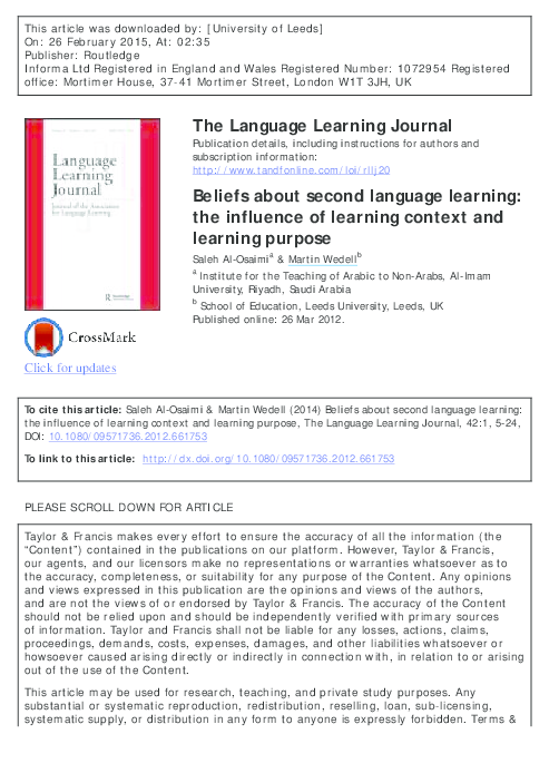 (PDF) Beliefs about second language learning: the influence of learning ...