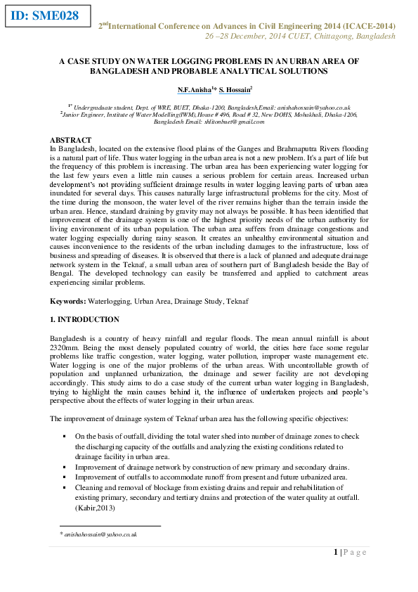 (PDF) A Case Study on Water Logging Problems in an Urban Area of ...
