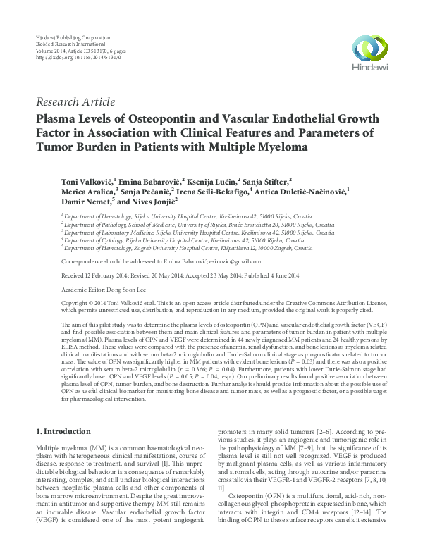 (PDF) Plasma Levels of Osteopontin and Vascular Endothelial Growth ...