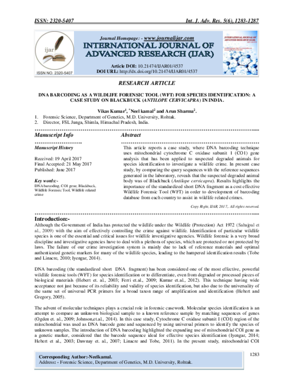 (PDF) DNA BARCODING AS A WILDLIFE FORENSIC TOOL (WFT) FOR SPECIES ...