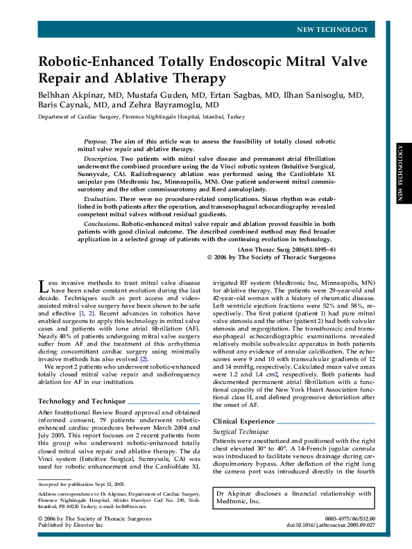 (PDF) RoboticEnhanced Totally Endoscopic Mitral Valve Repair and Ablative Therapy Ilhan