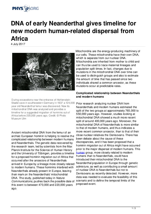 (PDF) DNA of early Neanderthal gives timeline for new modern human ...