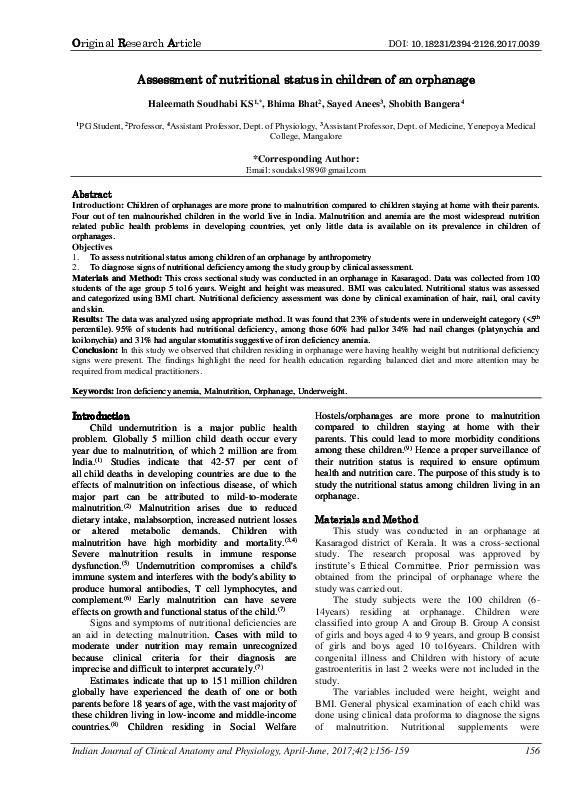 (PDF) Assessment of nutritional status in children of an orphanage