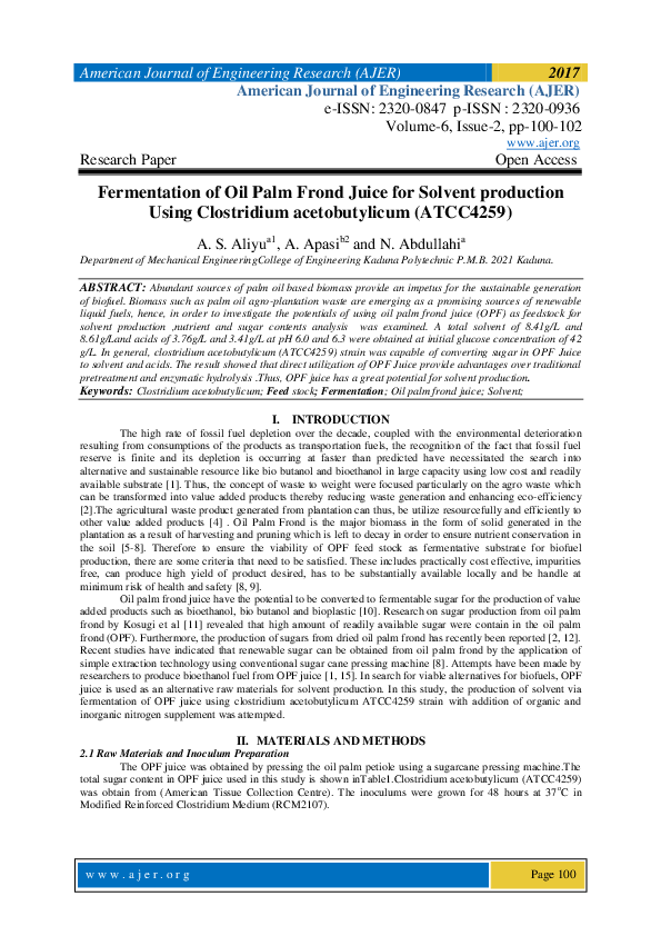 (PDF) Fermentation of Oil Palm Frond Juice for Solvent production Using ...