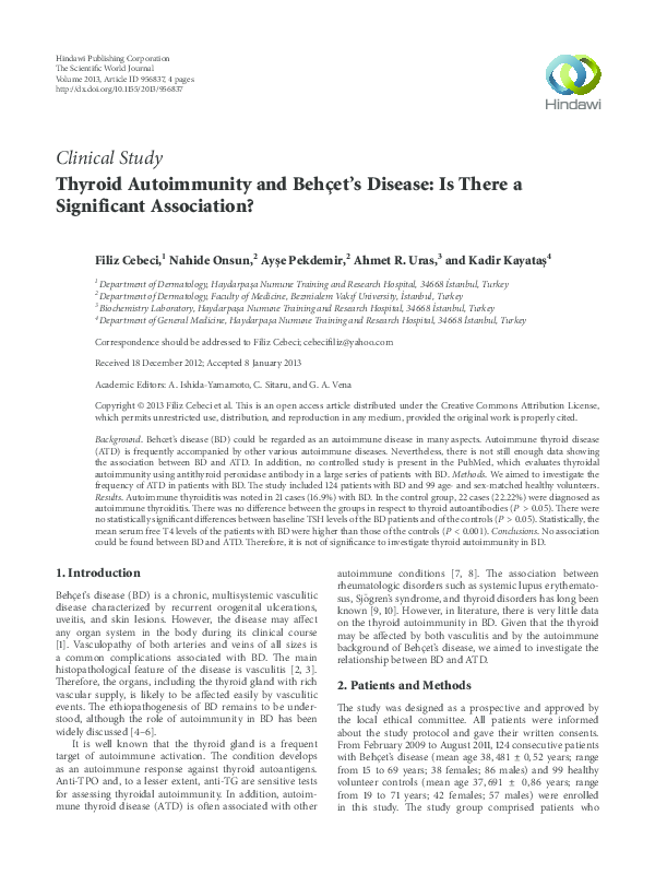 (PDF) Thyroid Autoimmunity and Behçet’s Disease: Is There a Significant ...