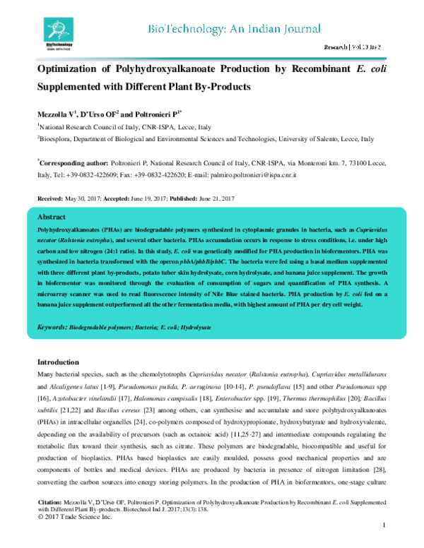 (PDF) Optimization of Polyhydroxyalkanoate Production by Recombinant E ...