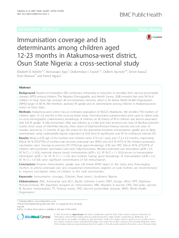 (PDF) Immunisation coverage and its determinants among children aged 12 ...