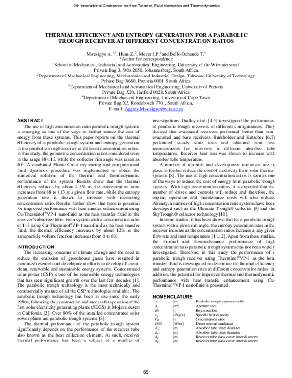(PDF) THERMAL EFFICIENCY AND ENTROPY GENERATION FOR A PARABOLIC TROUGH ...