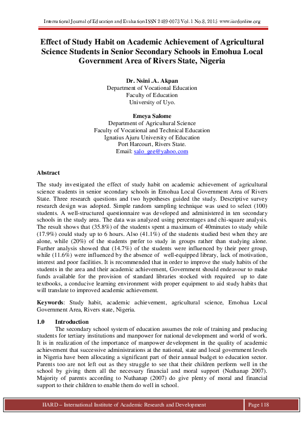 (PDF) Effect of Study Habit on Academic Achievement of Agricultural ...