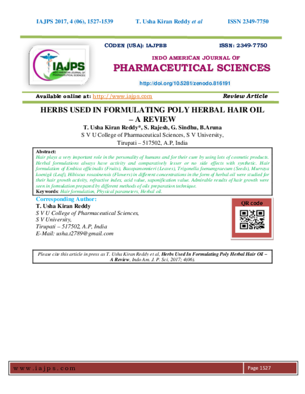 (PDF) HERBS USED IN FORMULATING POLY HERBAL HAIR OIL A REVIEW