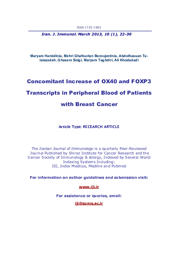 (PDF) Concomitant Increase of OX40 and FOXP3 Transcripts in Peripheral ...