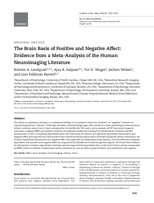 (PDF) The Brain Basis of Positive and Negative Affect: Evidence from a ...