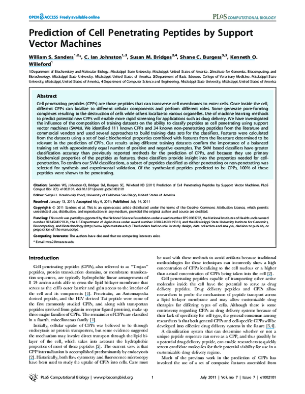 (PDF) Prediction of Cell Penetrating Peptides by Support Vector Machines