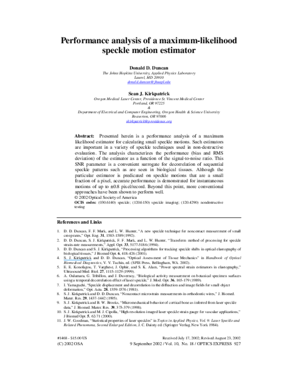 (PDF) Performance analysis of a maximum-likelihood speckle motion ...