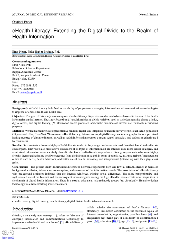 (PDF) eHealth Literacy Extending the Digital Divide to the Realm of Health Information Esther