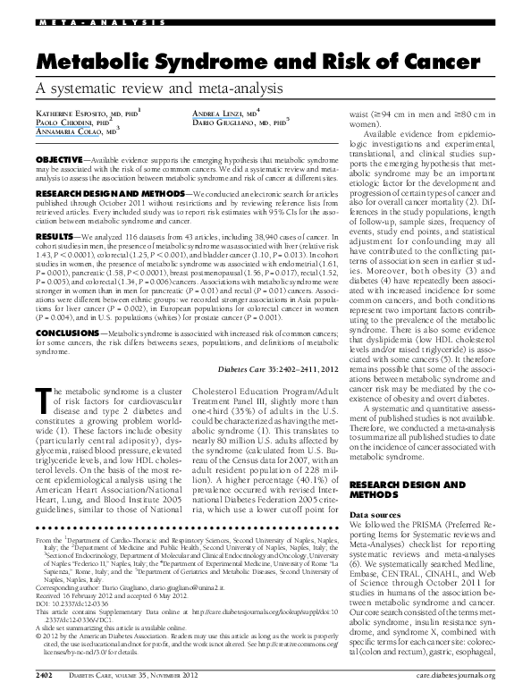 (PDF) Metabolic Syndrome and Risk of Cancer: A systematic review and ...