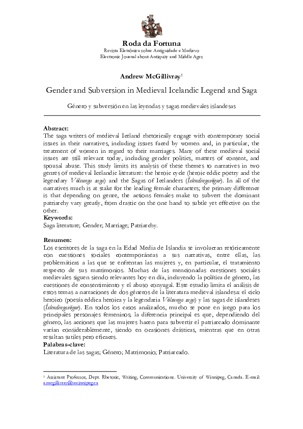 Gender and Subversion in Medieval Icelandic Legend and Saga. Roda da Fortuna 6.1 (2017): 99-118.