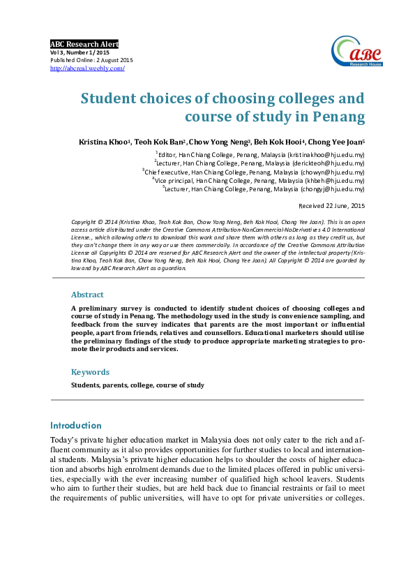 (PDF) Student choices of choosing colleges and course of study in