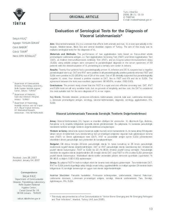 (PDF) Evaluation of Serological Tests for the Diagnosis of Visceral ...