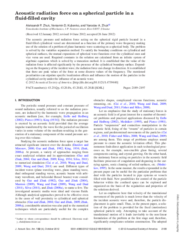 (PDF) Acoustic radiation force on a spherical particle in a fluid ...