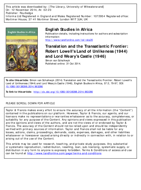 (PDF) Translation and the TransAtlantic Frontier Robert Lowell's Land