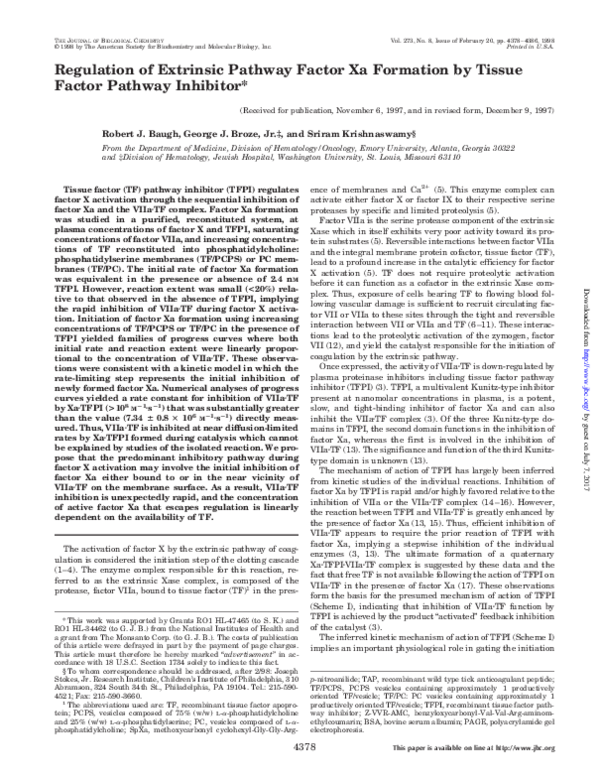 (PDF) Regulation of Extrinsic Pathway Factor Xa Formation by Tissue ...