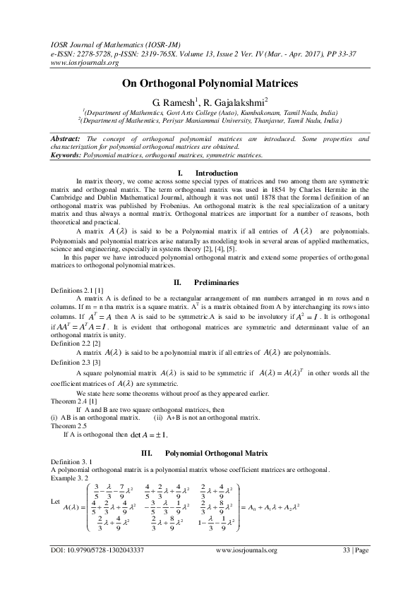 (PDF) On Orthogonal Polynomial Matrices IOSR JM Academia.edu