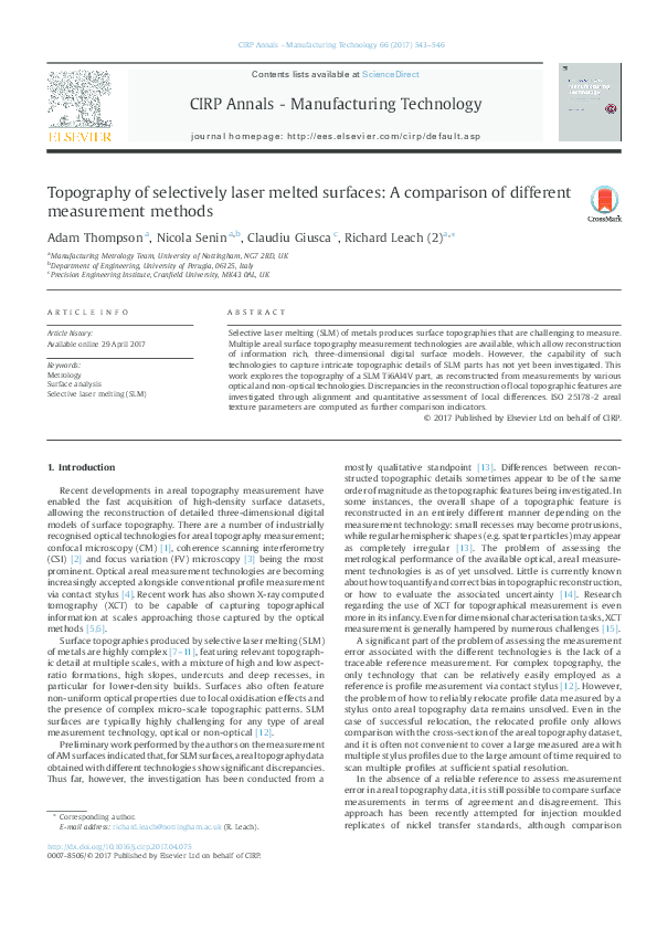 (PDF) Topography of selectively laser melted surfaces: A comparison of ...