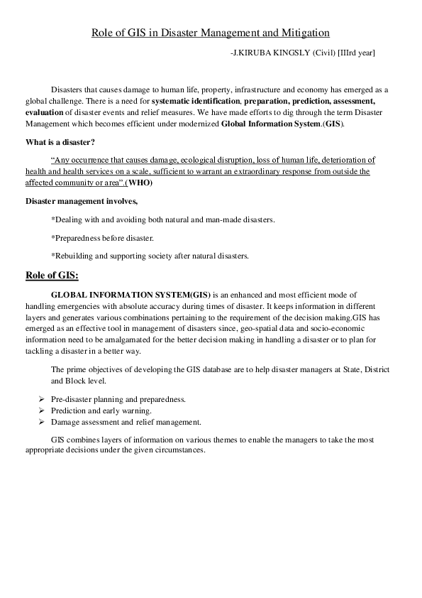 Doc Role Of Gis In Disaster Management And Mitigation