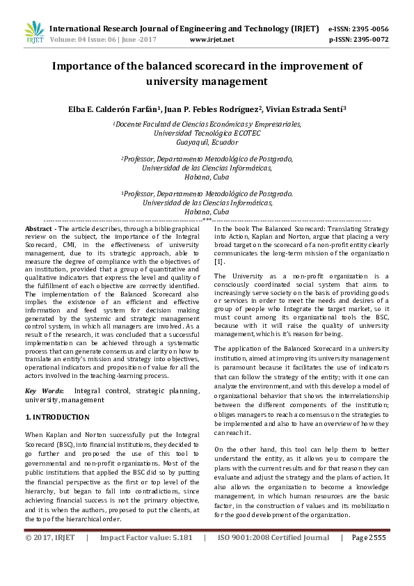 (PDF) Importance of the balanced scorecard in the improvement of ...