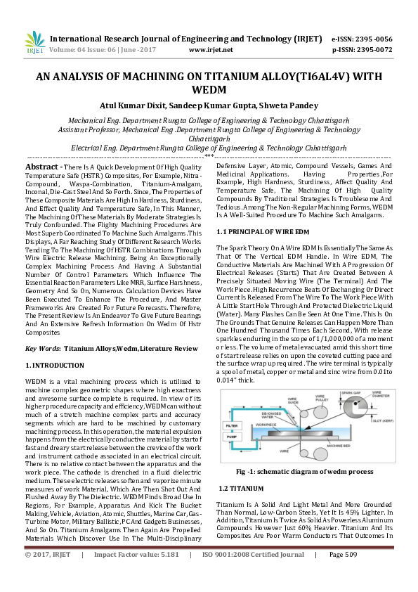 (PDF) AN ANALYSIS OF MACHINING ON TITANIUM ALLOY(TI6AL4V) WITH WEDM