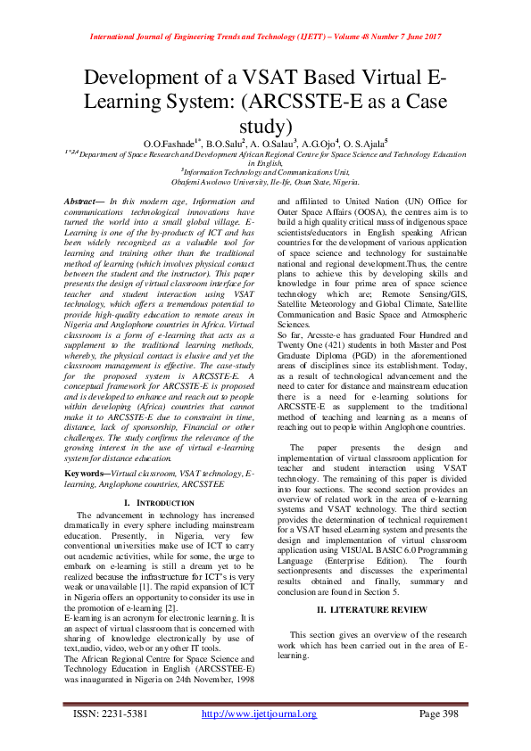 (PDF) Development of a VSAT Based Virtual E- Learning System: (ARCSSTE ...