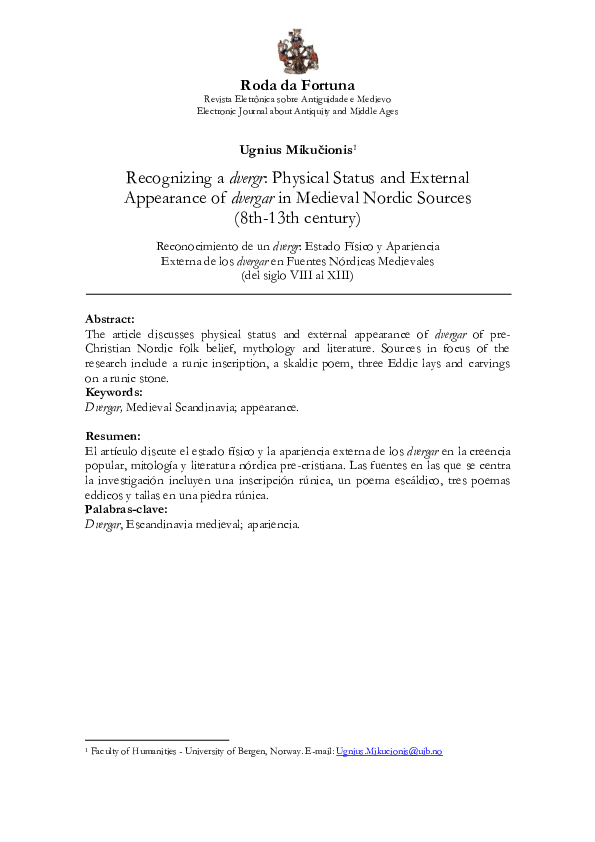 Recognizing a dvergr: Physical Status and External Appearance of dvergar in Medieval Nordic Sources (8th-13th century