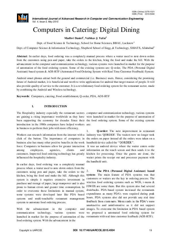 (PDF) Computers in Catering: Digital Dining