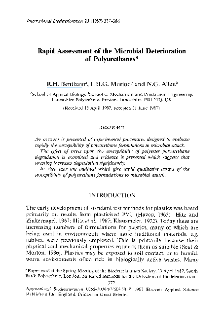 (PDF) Rapid assessment of the microbial deterioration of Polyurethanes