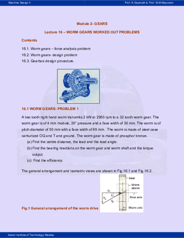 (PDF) Machine Design II Module 2GEARS Lecture 16 WORM GEARS WORKED
