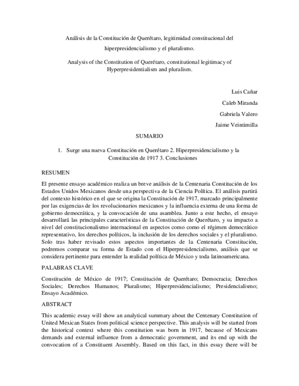 Doc Analisis De La Constitucion De Queretaro Legitimidad Constitucional Del Hiperpresidencialismo Y El Pluralismo Analysis Of The Constitution Of Queretaro Constitutional Legitimacy Of Hyperpresidentialism And Pluralism Caleb Jonatan Miranda Cruz