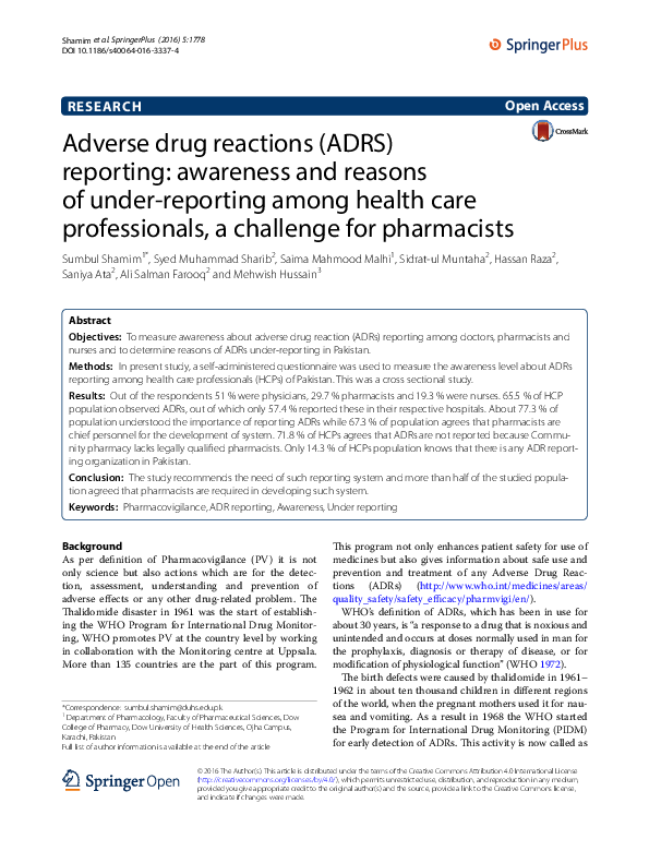 (PDF) Adverse drug reactions (ADRS) reporting: awareness and reasons of ...