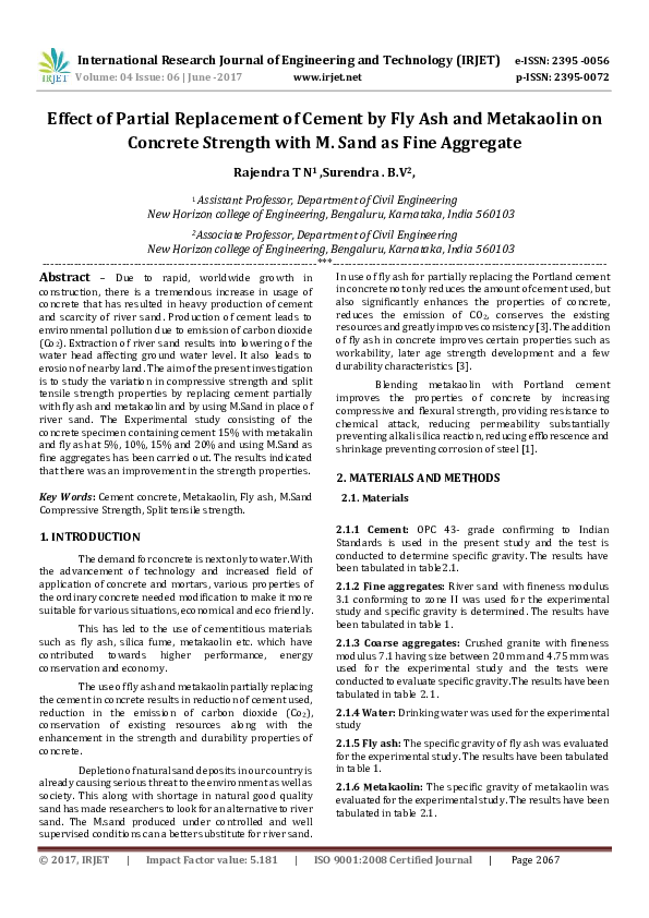 (PDF) Effect of Partial Replacement of Cement by Fly Ash and Metakaolin ...