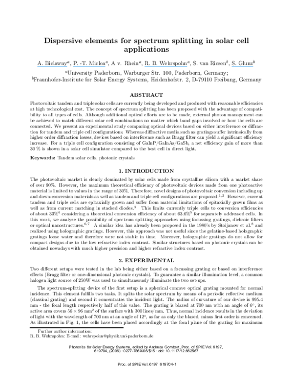 (PDF) Dispersive elements for spectrum splitting in solar cell applications