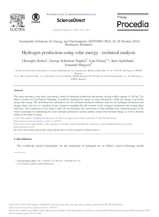 (PDF) Hydrogen production using solar energy -technical analysis