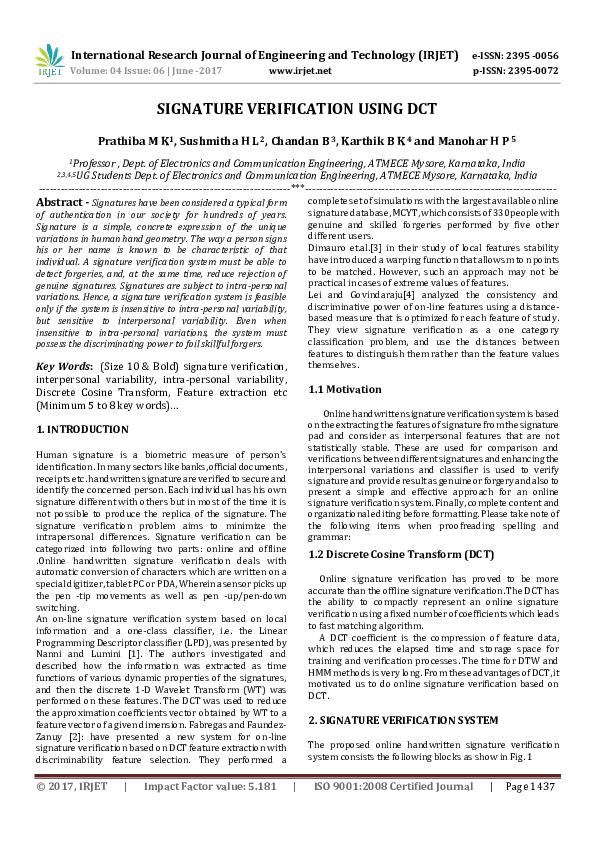 (PDF) SIGNATURE VERIFICATION USING DCT