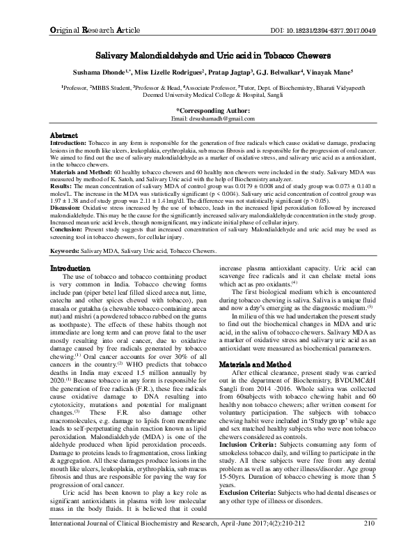 (PDF) Salivary Malondialdehyde and Uric acid in Tobacco Chewers IP