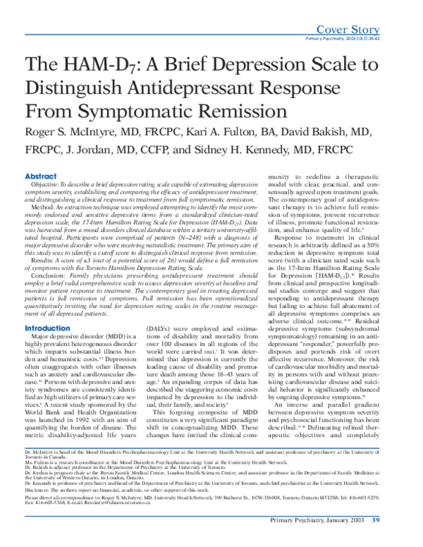 (PDF) The HAM-D7: A Brief Depression Scale to Distinguish ...