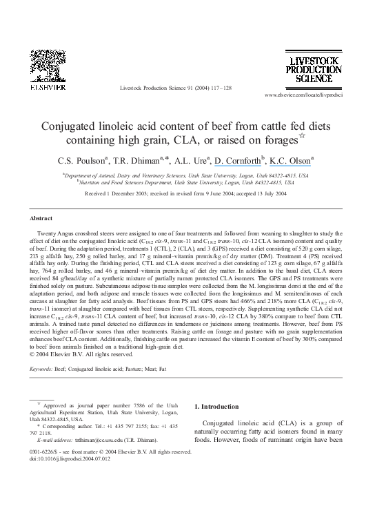 (PDF) Conjugated linoleic acid content of beef from cattle fed diets containing high grain, CLA