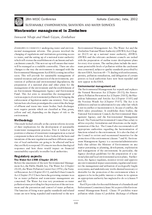 (PDF) Wastewater management in Zimbabwe Innocent Nhapi Academia.edu