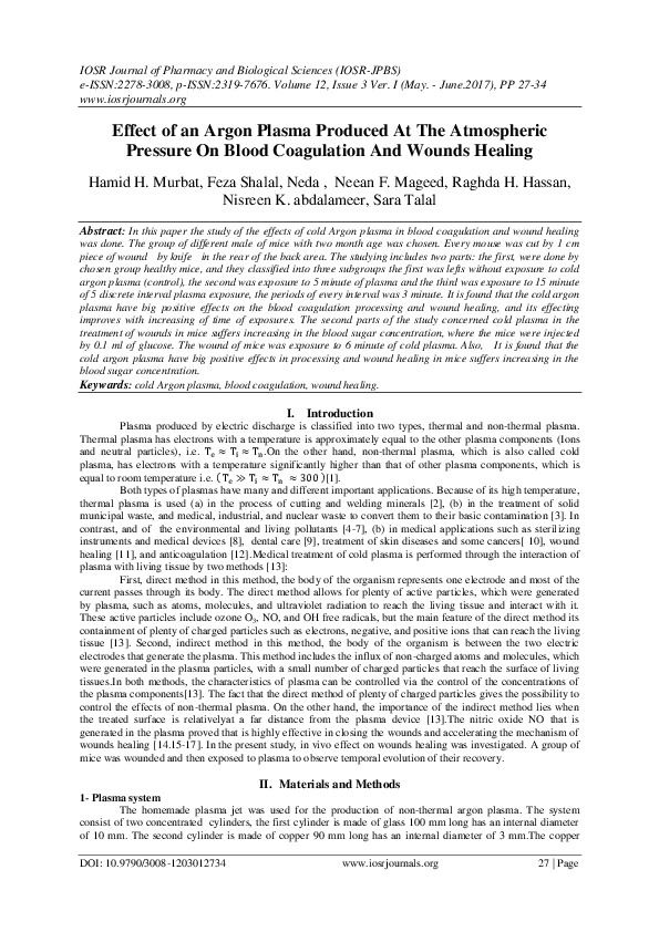 (PDF) Effect of an Argon Plasma Produced At The Atmospheric Pressure On ...