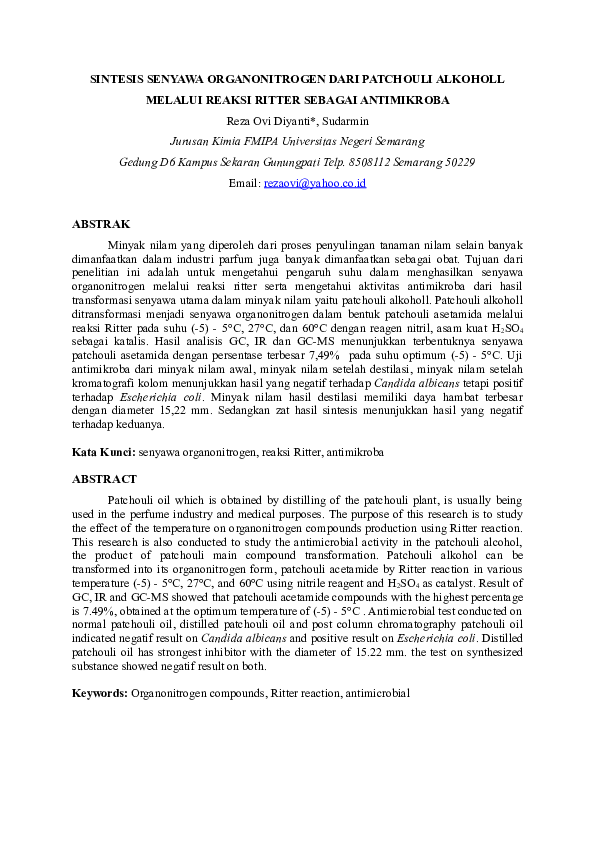 (DOC) SINTESIS SENYAWA ORGANONITROGEN DARI PATCHOULI ALKOHOLL MELALUI ...